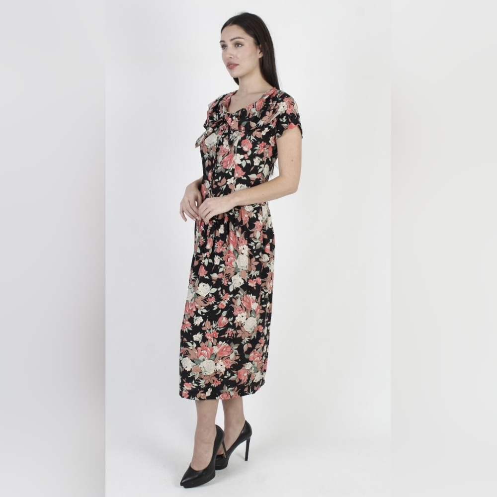 Vintage 80s Laura Ashley Dress Rose Garden Floral Bow Tie Deco Midi Maxi